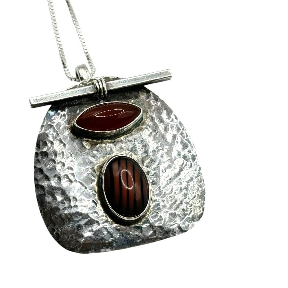 Sterling Silver Hammered Carnelian Brooch Pendant Necklace Signed JLQ Unique